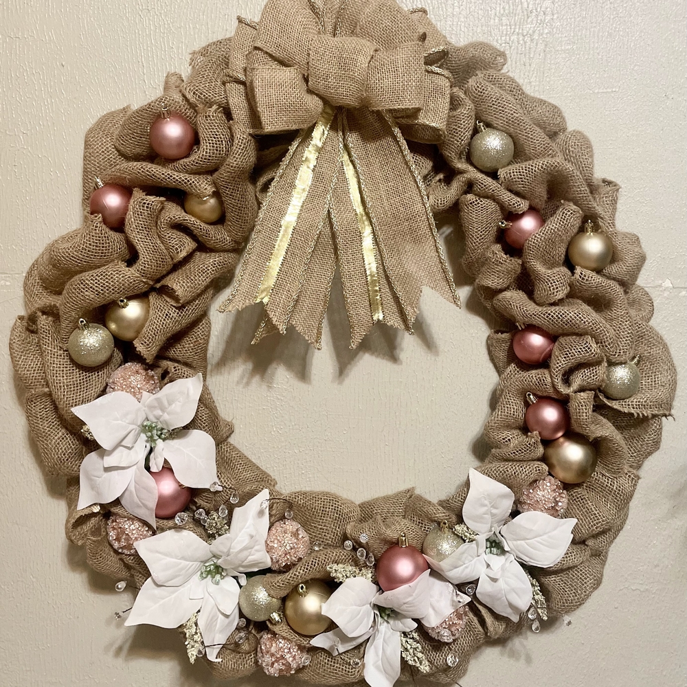 Elegant Burlap Holiday Wreath with Pink and Gold Accents